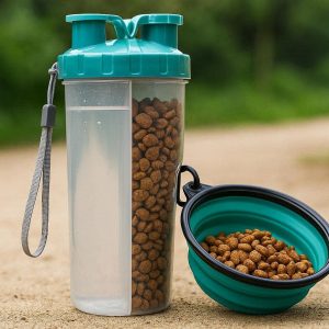12 Two in One Pet Water and Food Bottle Portable Travel Container with Collapsible Bowl for Dogs and Cats Outdoor Walking